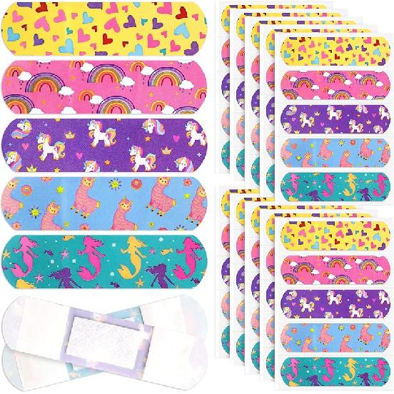 Tondiamo 200 Pieces 5 Styles Cartoon Bandages for Kids Flexible Adhesive Colorful Strips Waterproof Cute Bandages for Girls Repair Tape Knuckle 200