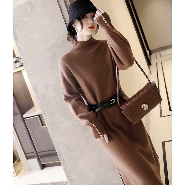 Knitted dress women's autumn and winter lantern sleeves temperament socialite new belt waist half turtleneck sweater long dress