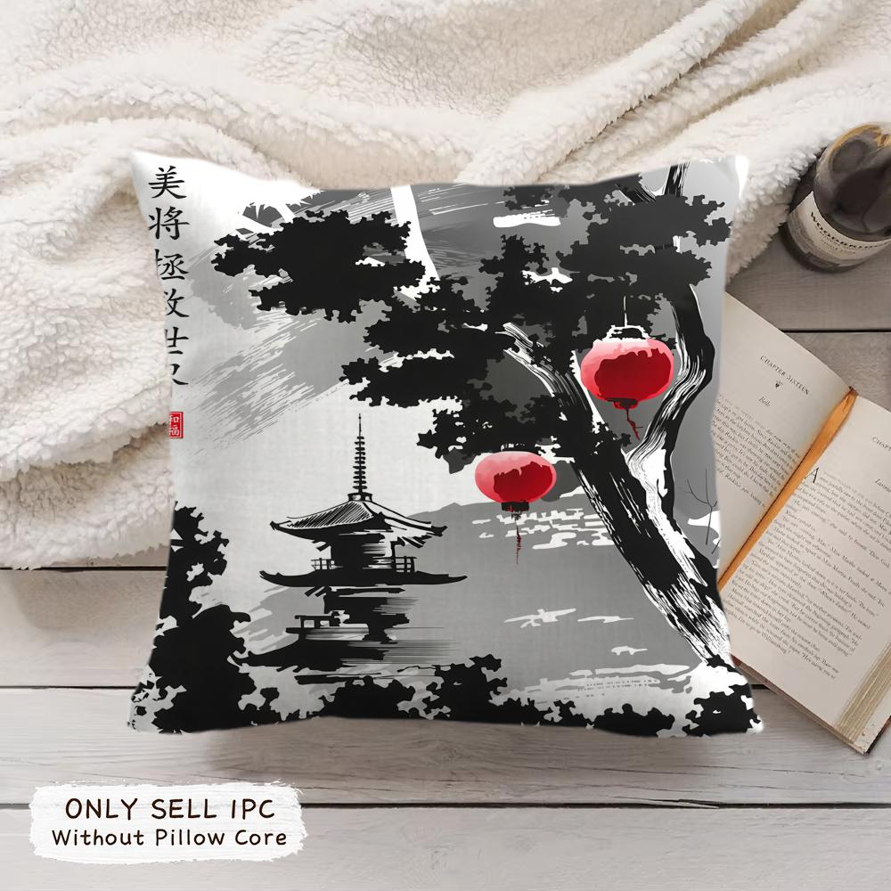 Japanese Pagoda Landscape Cushion Cover Soft Short Plush Pillow Cover Smooth Cozy Texture Aesthetic Cushion Case Home Decor