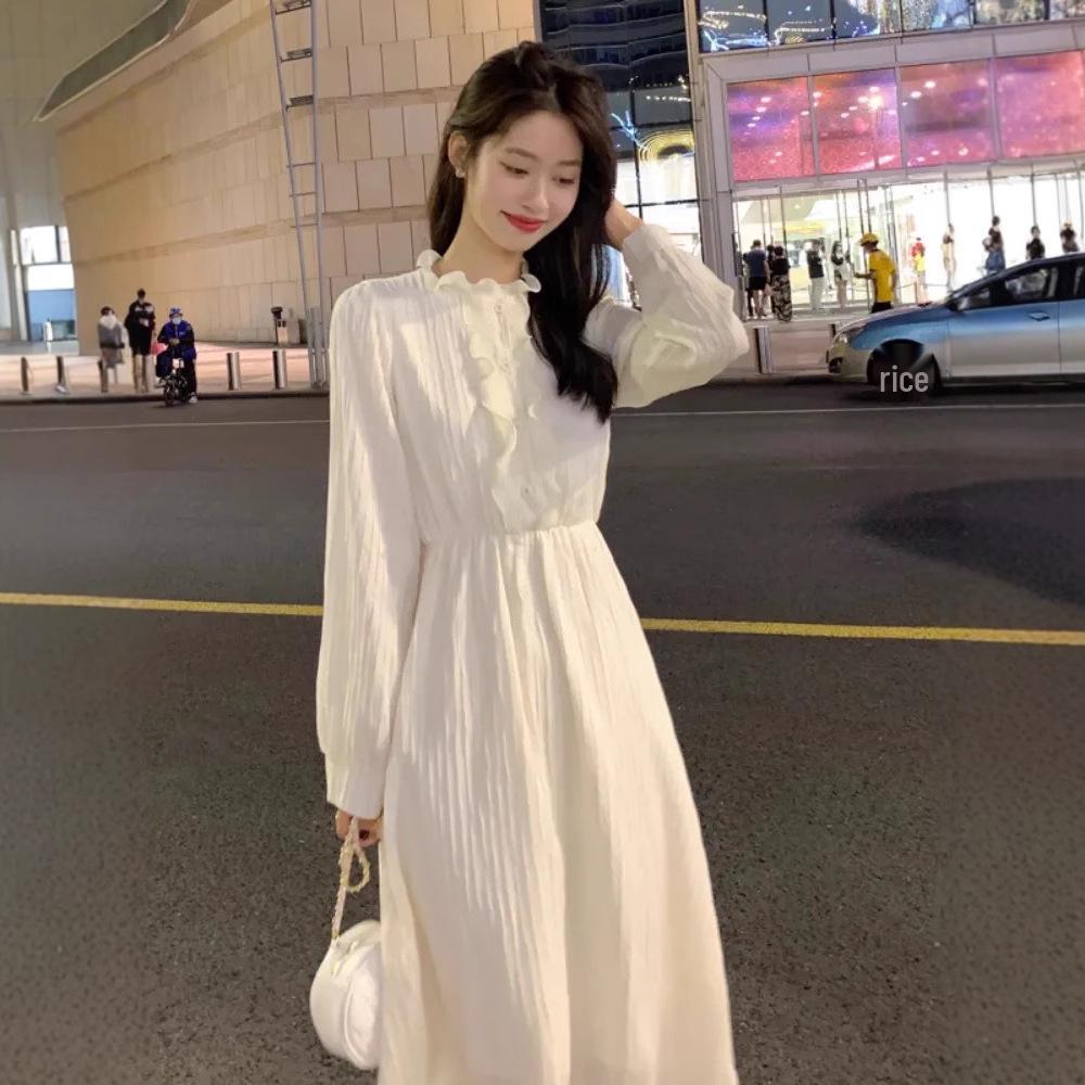 Women's French Mori-Style Apricot Dress with Inner Layer for Autumn/Winter