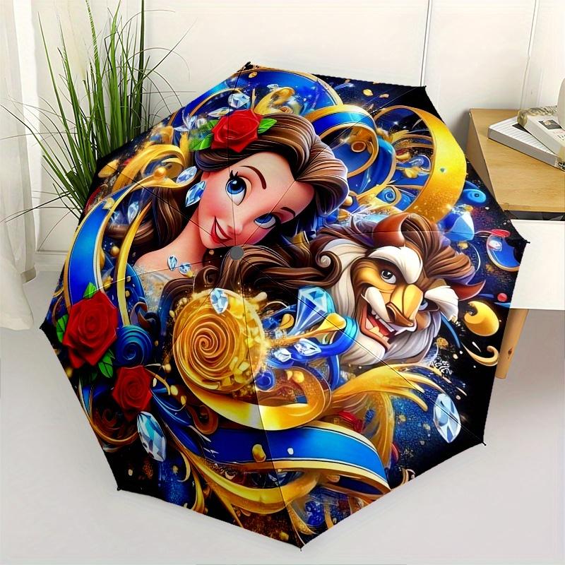 Disney Beauty,Beast,Roses Manual Opening and Closing Umbrella - 8-Rib Reinforced Folding Design, Lightweight and Portable, Suitable for Dail