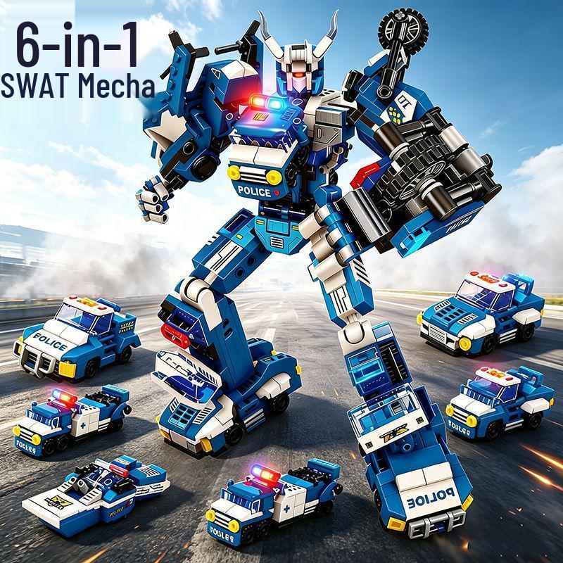 Cross-Border Police Mecha Transforming Car Robot Building Blocks - Boys Educational Assembly Toy Gift