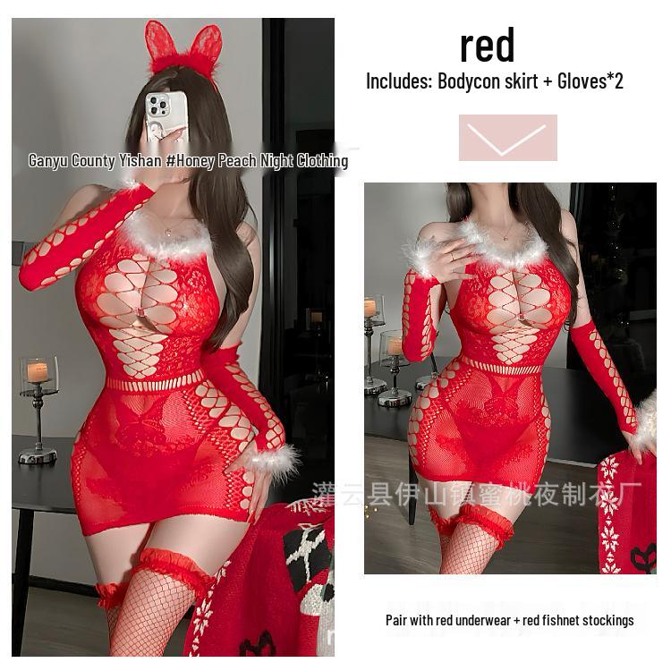 Sexy Red Mesh Cutout Dress Lingerie for Romantic Holidays
