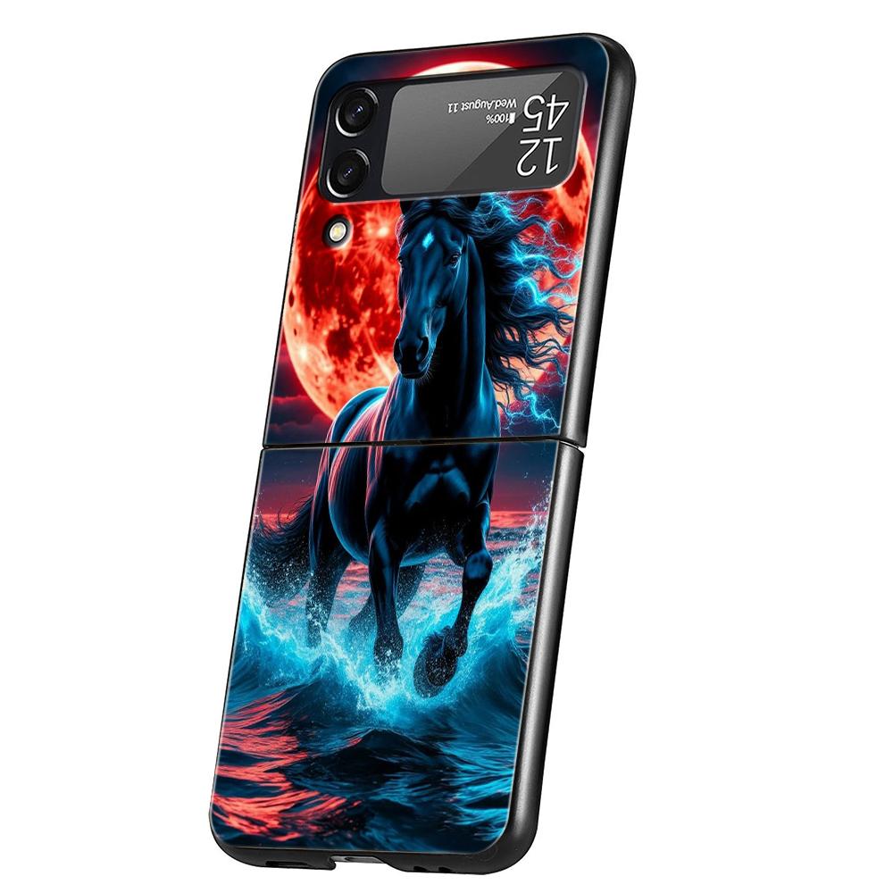 Hard PC Phone Case For Samsung Galaxy Z Flip 7/6/5/4 Black Cover For Galaxy Z Flip 3 Foldable Shockproof Capas Horse Animal Bags