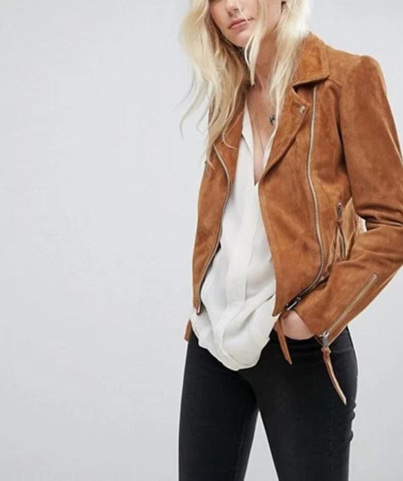 Designer Handmade Genuine Suede Leather Jacket Women's Brown Motorcycle Biker Casual