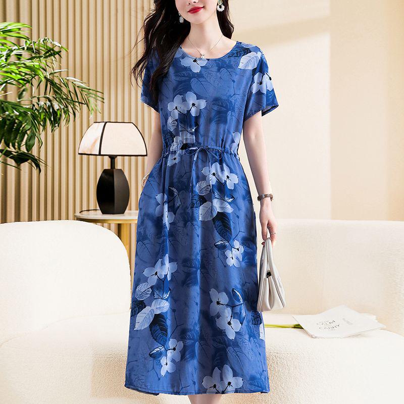 Elegant Plus Size Cotton Silk Knee-Length Dress with Waist Cinch for Middle-Aged Women