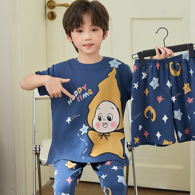 Boys Cotton Short Sleeve 3-Piece Pajama Set Sleepwear Kids Teens Cartoon Print Lightweight Home Wear