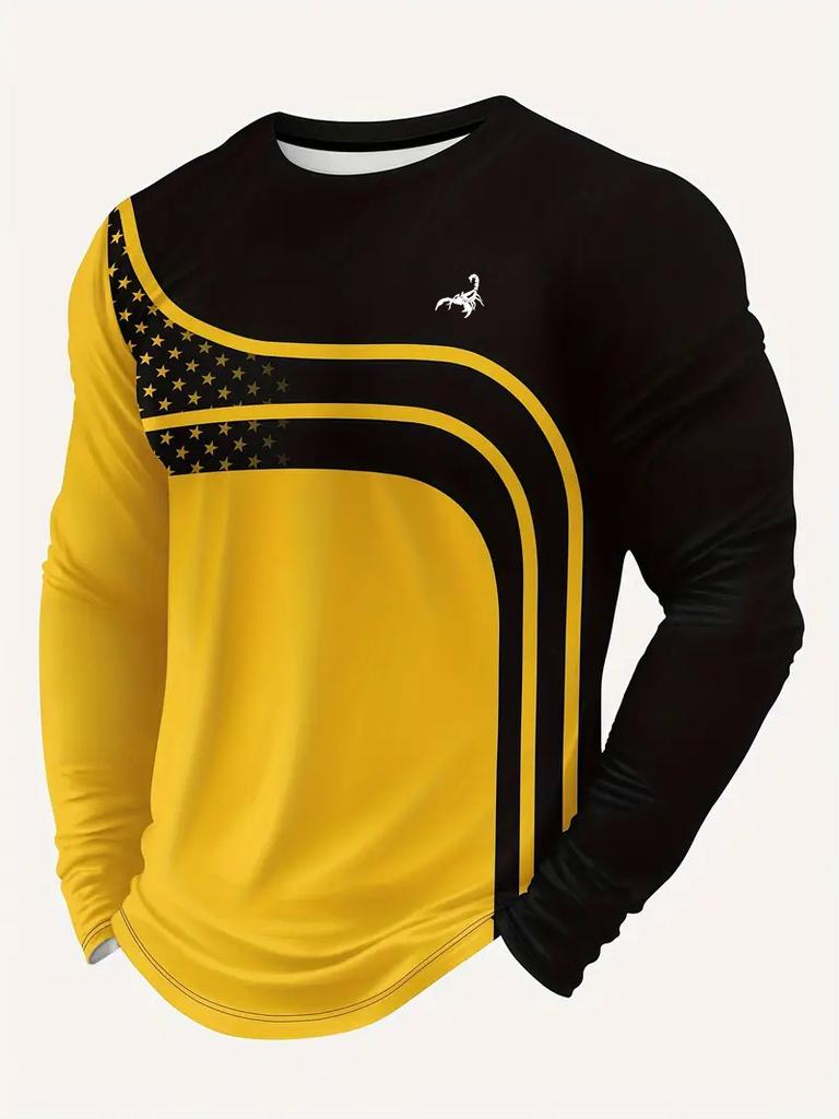 Casual 3D Digital Printed Contrasting Pattern Men's Round Neck Long Sleeved T-shirt for Comfortable Outdoor Wear In Spring and Autumn