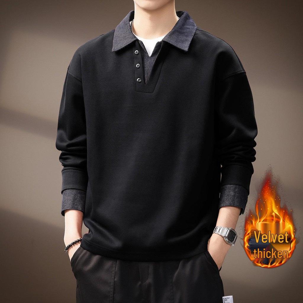 Men's Retro Fleece-Lined Color Block Denim Polo Hoodie