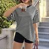 Women's Fashion Striped Round Neck Short Sleeved Casual Loose Fitting Pullover T-shirt Top