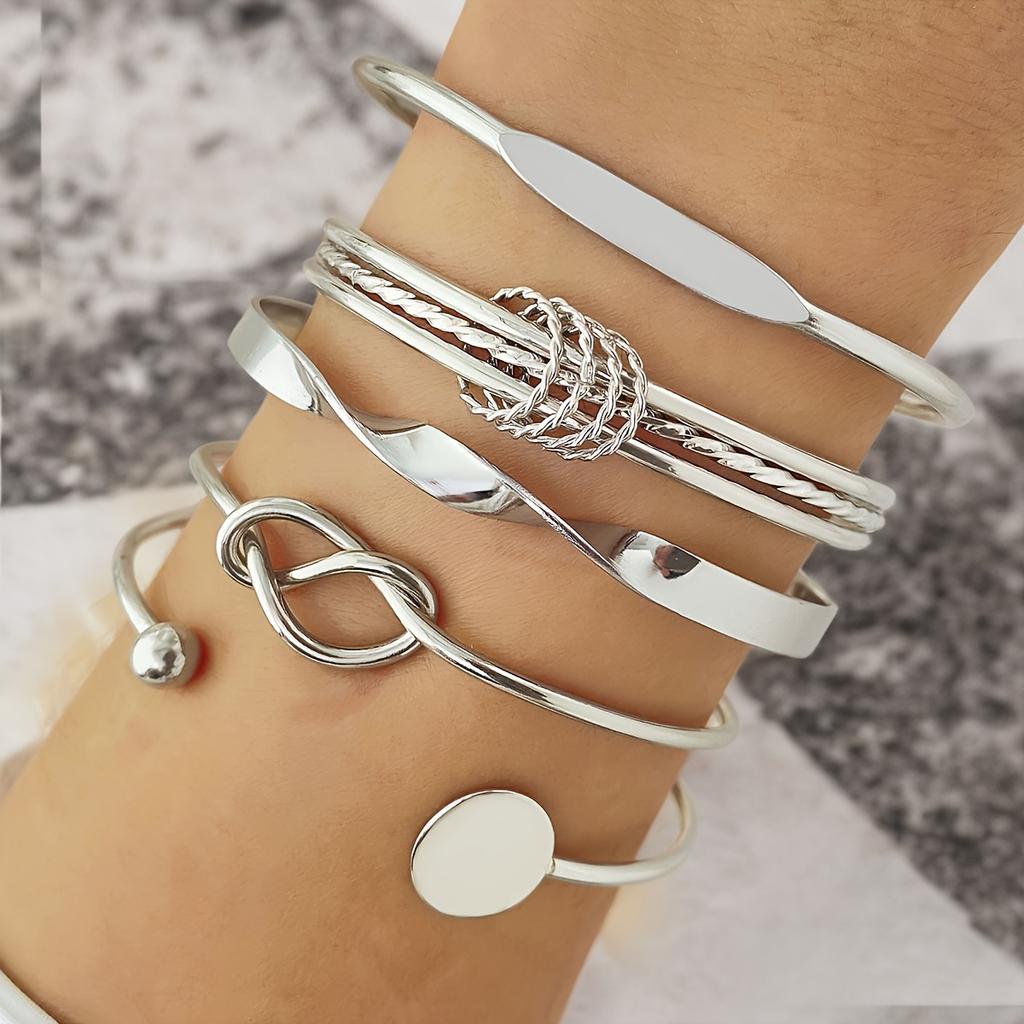6pcs/Set Double Heart Love Letter Flower Open Bangle For Women, Daily Wear & Party Gift, Gold Color