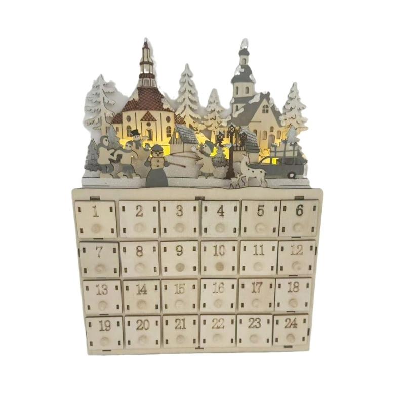 

Wood LED Lighted Advent Calendar with 24 Drawers Christmas Countdown Calendar Desktop Decoration Unique Holiday Gift 1