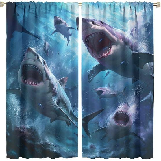 Shark Themed Curtains, Sea of Ferocious Sharks, Spectacular Sea Animal Shark Landscape Decorated Curtains, Boy Personality Room Decorated Rod Pocket