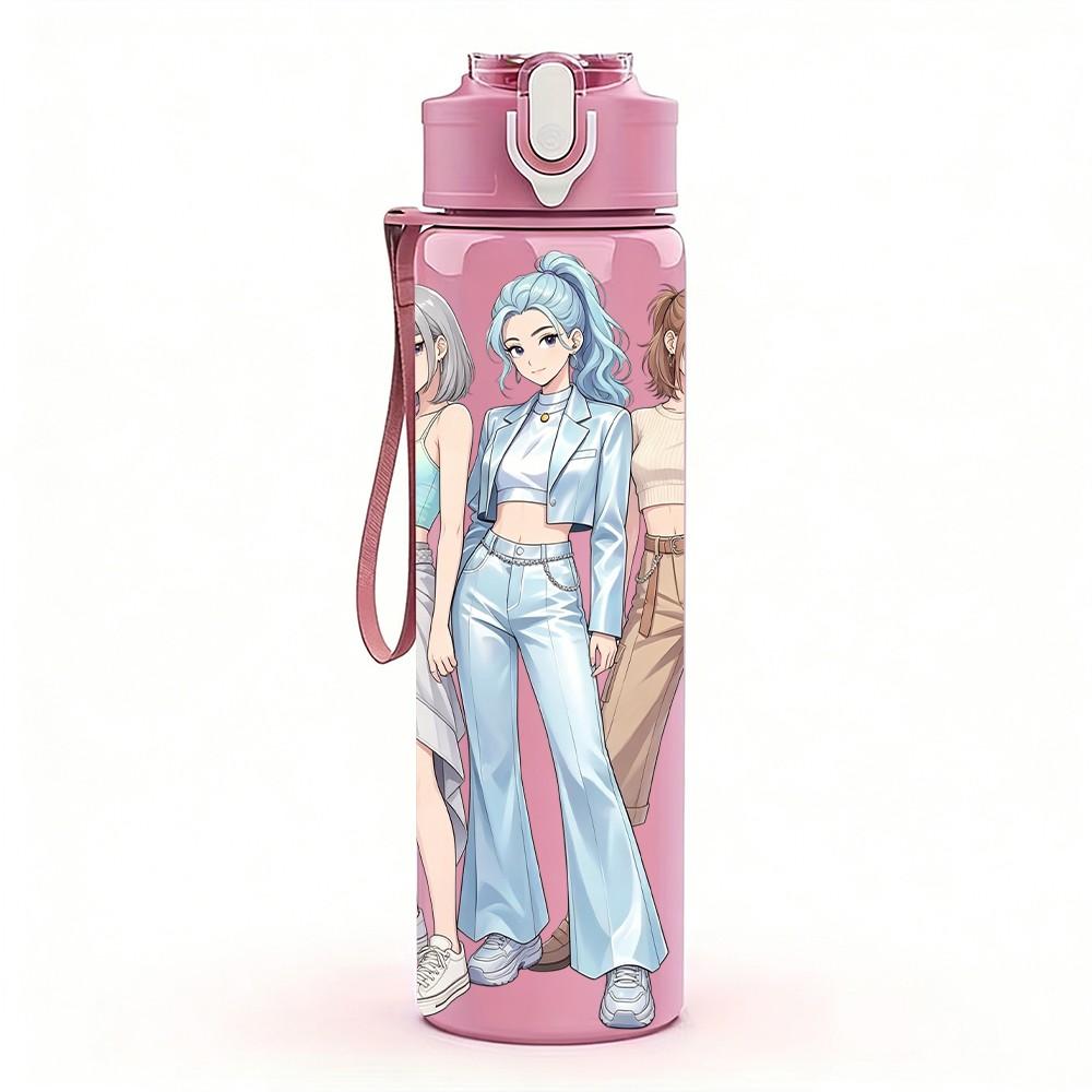 1PC Two Ladies Light Denim Outfit 750ml Color Plastic Sports Water Bottle Leakproof Flip Straw Lid Suitable for Sports Office Home Use