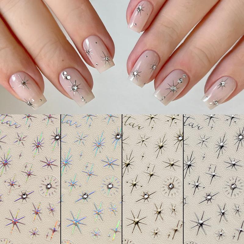 Glitter Starlight Rhinestones 5D Nail Stickers Gold Silver Bronzing Star Sun Adhesive Slider Nail Art Decorations Manicure Decal
