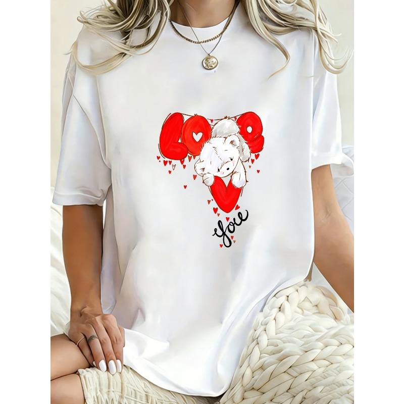 Übergroßes T-Shirt Schwarz Liebesherz mit Welpendruck Freizeitkleidung für Frauen