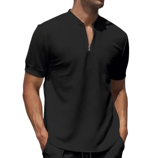 Men Stand Collar Shirt Short Sleeve Color Pullover Zipper Top with Solid Breathable Fitness Tee for Sports Travel Office