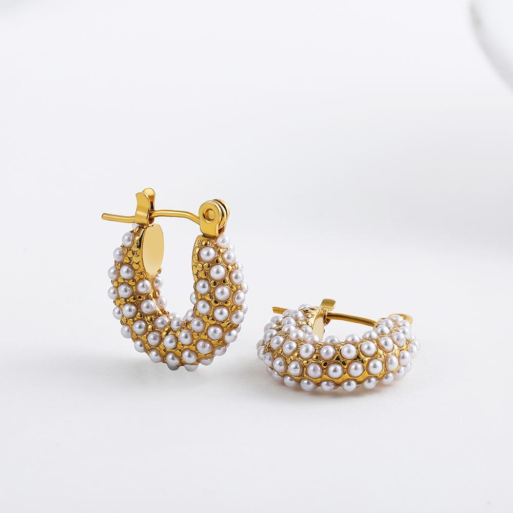 

Vintage Pave Pearl Beads Stainless Steel Hoop Earrings for Women Fashion Small Round Circle Ear Buckle Huggie Hoops Zircon Gift золотий