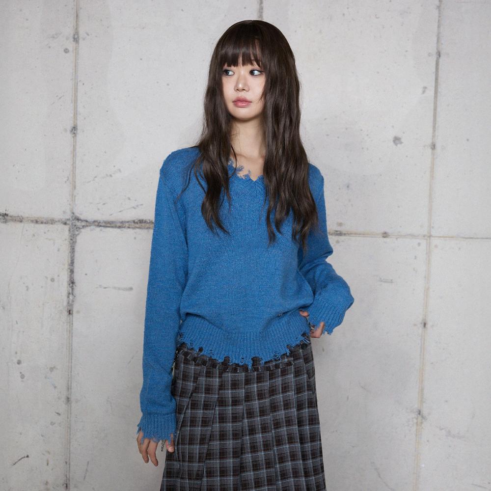 LALAFOX Destroyed V-Neck Knit Blue V-Neck Knit Br4Kl002
