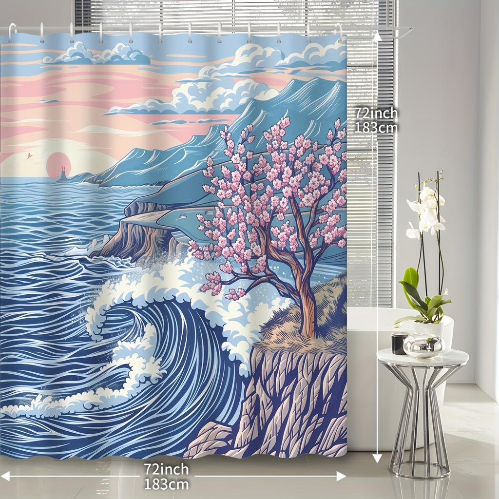 1Pc Cartoon Ocean Waves Sunset Cliff Cherry Blossom Tree Shower Curtain, Bathroom Decoration, Including Shower Curtain And