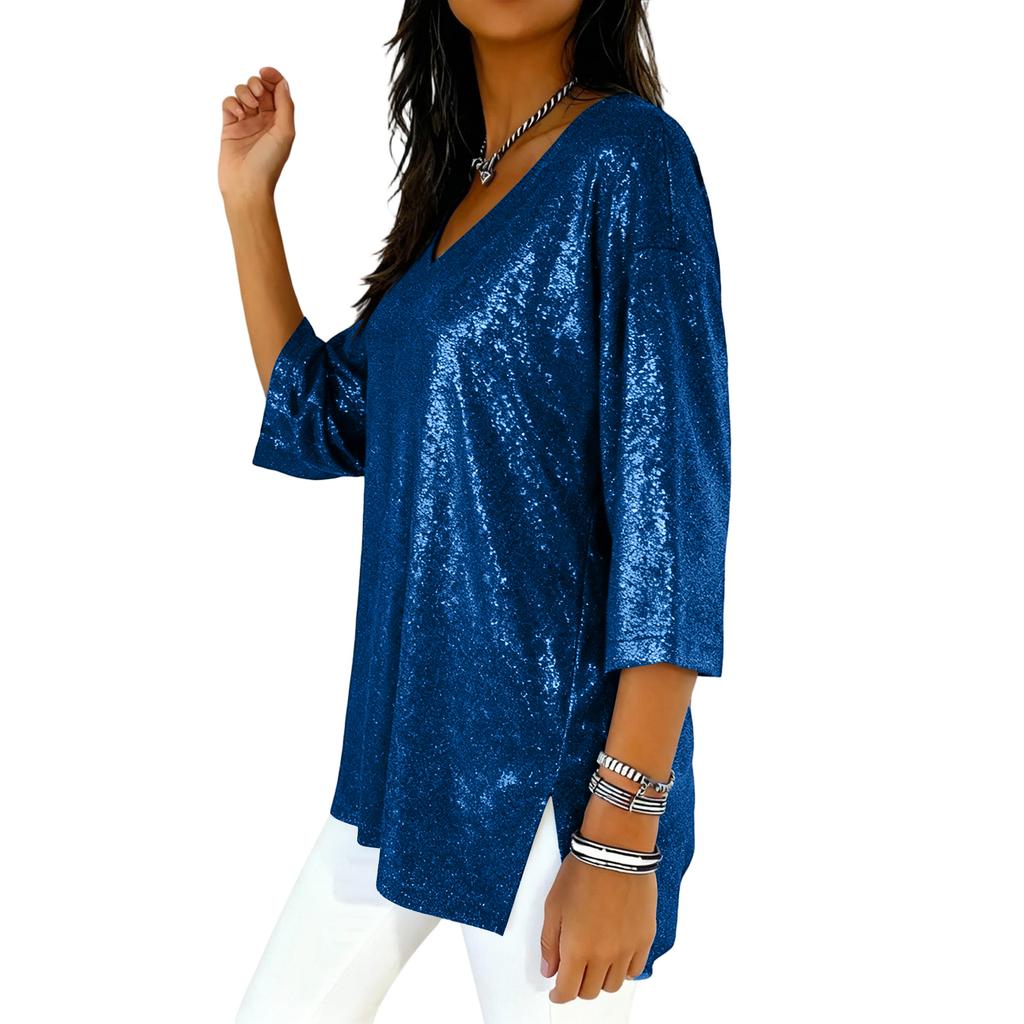 Damenmode Lockerer Sitz V-Ausschnitt Dreiviertelärmel Schlitzsaum Farbiger Top