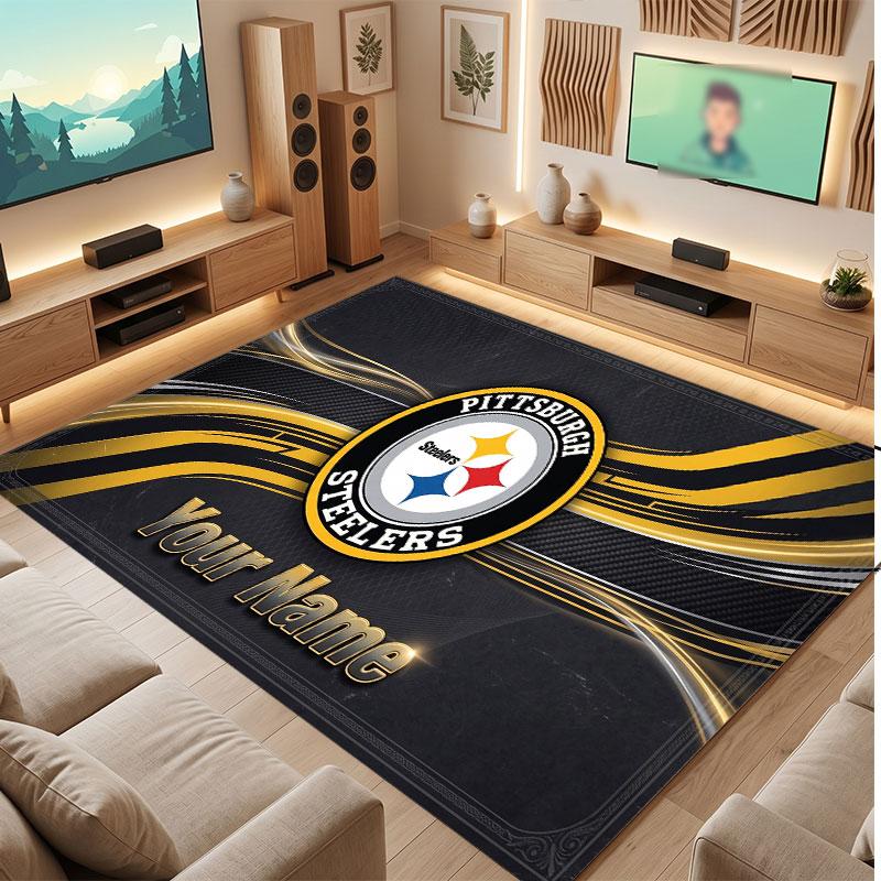 Pittsburgh Steelers Personalisiertes Kristall-Samt-Teppich, Benutzerdefinierter Name Text Weicher Anti-Rutsch-Teppich für Wohnzimmer Schlafzimmer