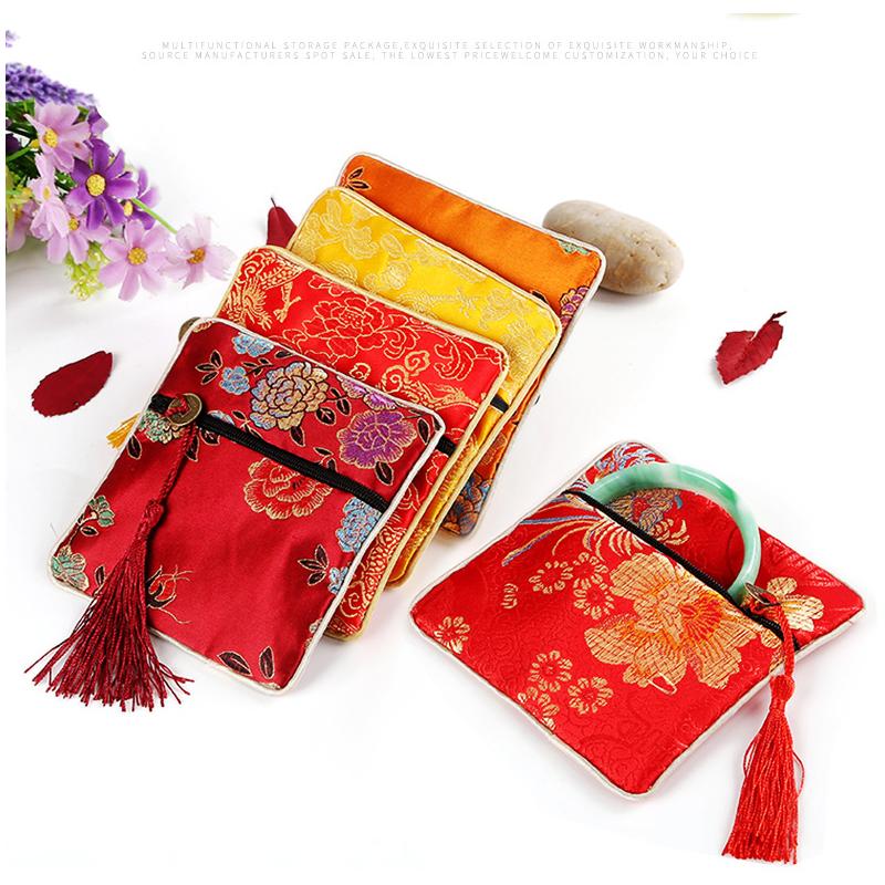 Chinese Brocade Jewelry Storage Bag Handmade Silk Embroidery Padded Small Zipper Tassel Jewelry Organizer Pouch Satin Gift Bag