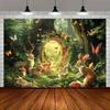 Tapiz de Bosque Encantado de Ensueño, Bosque Mágico Iluminado por el Sol con Familia de Ciervos, Conejos y Mariposas, Arte de Pared de Cuento de Hadas Caprichoso