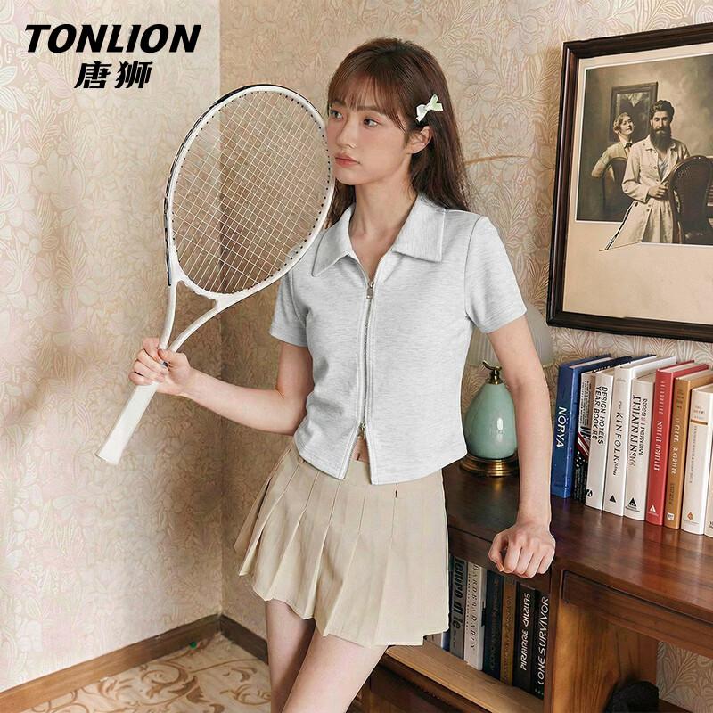TonLion Women's Polo Neck Zipper Short-Sleeve T-Shirt