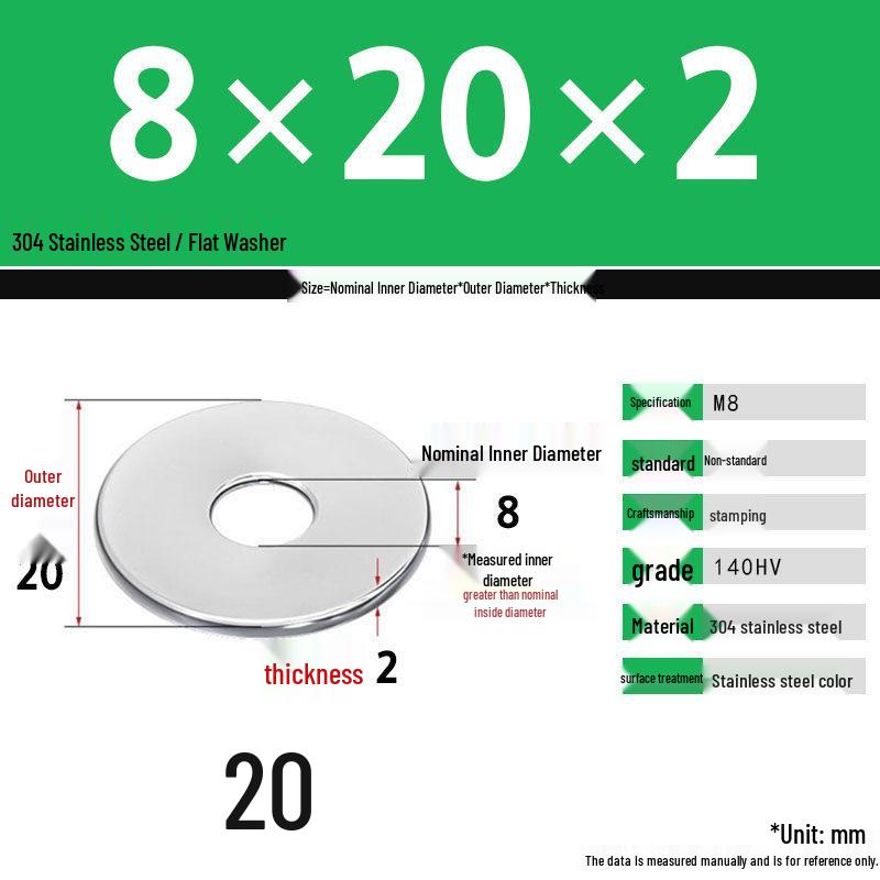 304 Stainless Steel Thickened Flat Washer Set, Sizes 2-36