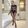 Women's Long Sleeve Moon Fishnet Bodysuits Jumpsuit See Through Mesh Bodystocking Lingerie Underwear Erotic Nightwear