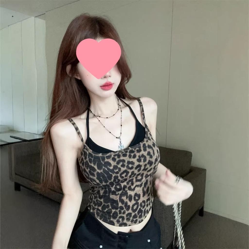 With chest pads, fake two-piece leopard print sling vest for women, summer Thai Spice Girl neck tube top