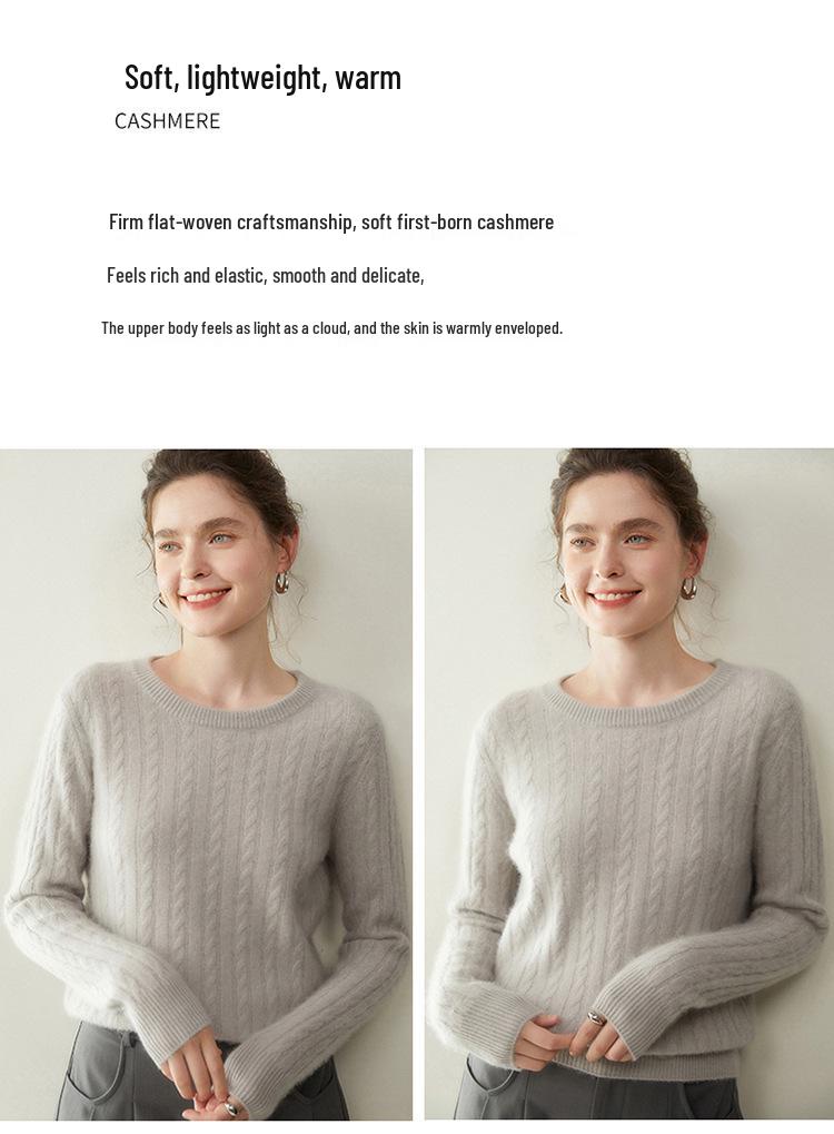 Women's Cashmere Cable Knit Sweater - Loose, Round Neck, Short, Thick for Autumn/Winter