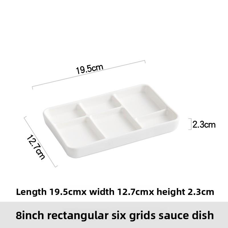 

White rectangular multi-compartment ceramic seasoning compartments plate, dipping sauce, side dishes, barbecue sauce dish