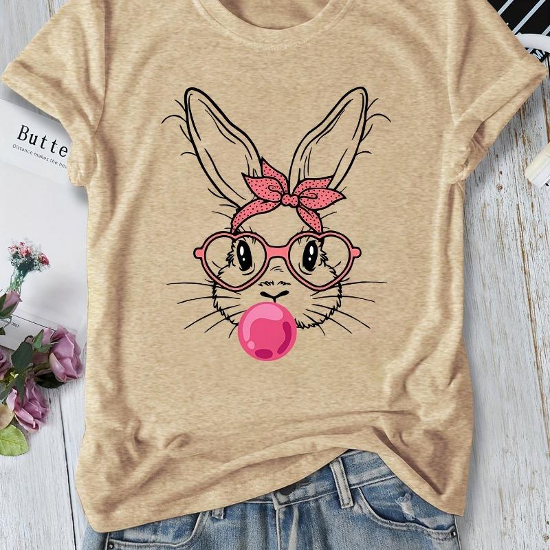 

Ladies casual cute style pink bow rabbit ear gift printed pattern round neck short sleeved T-shirt for spring and summer women s top S