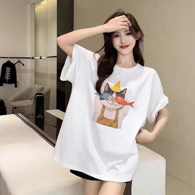 Nova Camiseta Chic de Verão com Estampa de Gato Desenho Animado Roupas Femininas Moda Versátil Algodão Puro Top Básico Camiseta Lady do Escritório Pulôveres Largos