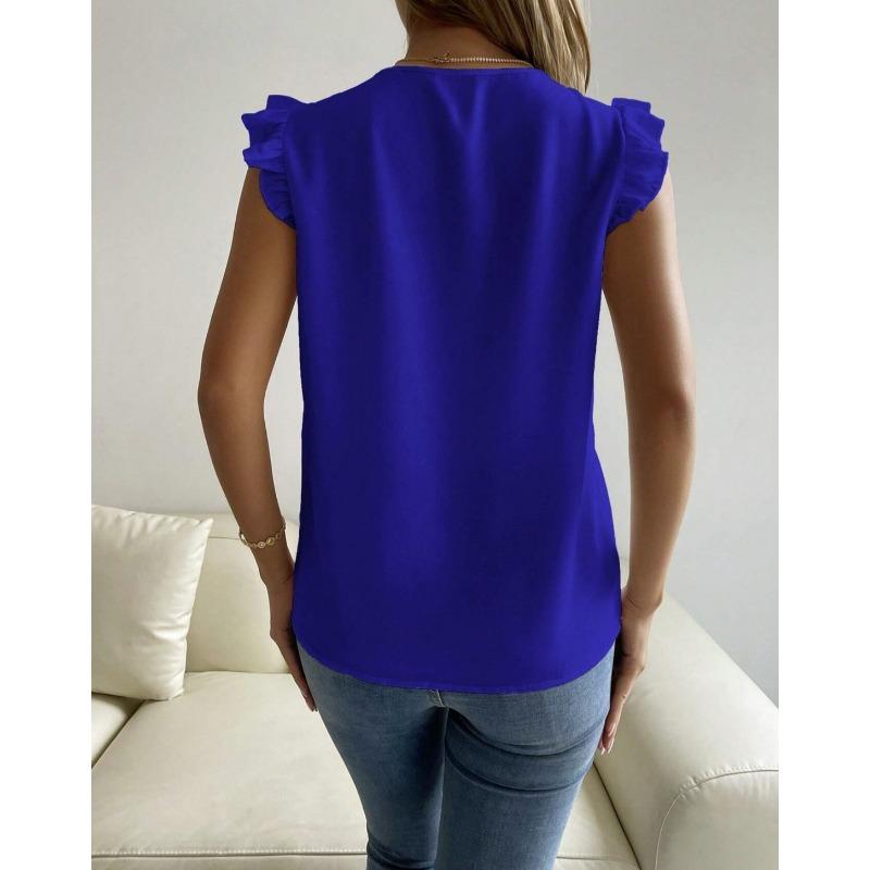 

V-образный вырез, оборки, без рукавов, свободные рубашки, женские летние кружевные лоскутные модные элегантные повседневные топы больших размеров, женские блузки, однотонные, простые женские рубашки 3292 4XL синий