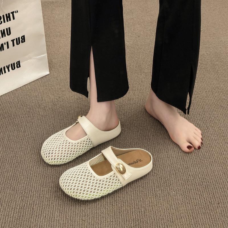 Flat-bottomed mesh yarn half-drag women's hollow and breathable sandals 2025 summer new models with skirts Baotou slippers