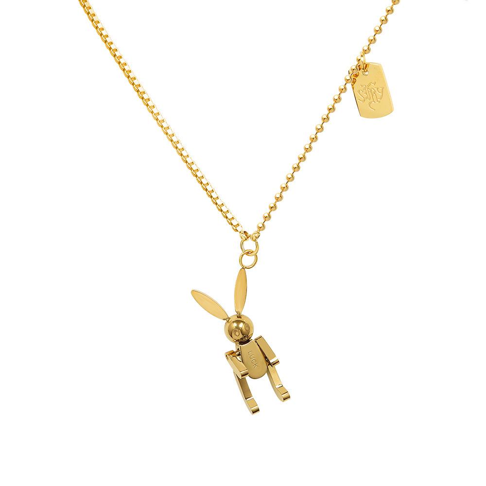 Playful Cute Rabbit Necklace: 18K Gold-Plated Titanium Steel with Letter Square Plate