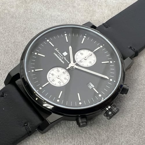 Salvatore Marra Unisex Watch, Simple, Slim Analog Quartz Movement, Chronograph, Leather Strap, Black, BKBK