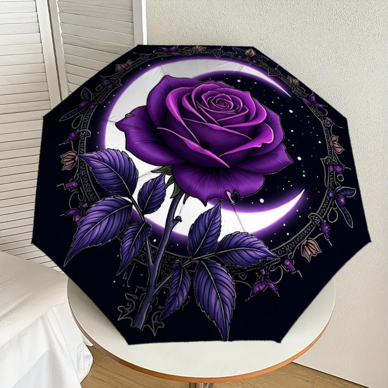 1PC Rose Moon Umbrella-8-Rib Reinforced, Automatic Open, Lightweight & Durable, Cute Fashion Accessory for Outdoor-W9242