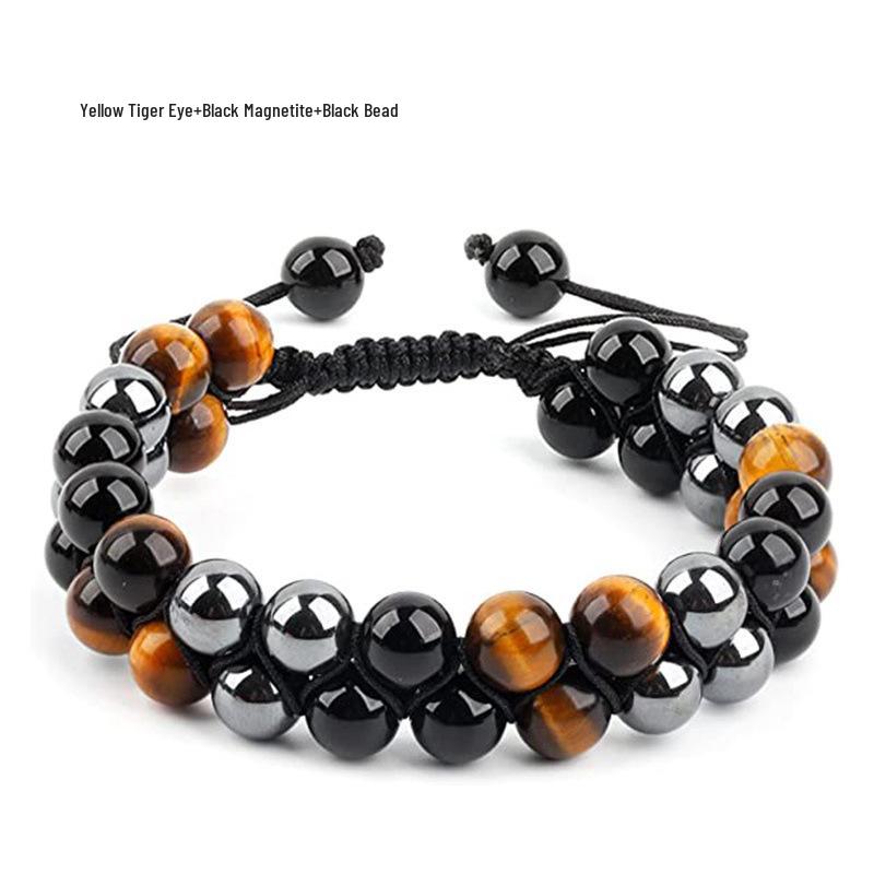 Men's Double-Layer Blue Tiger Eye & Black Agate Magnet Bracelet