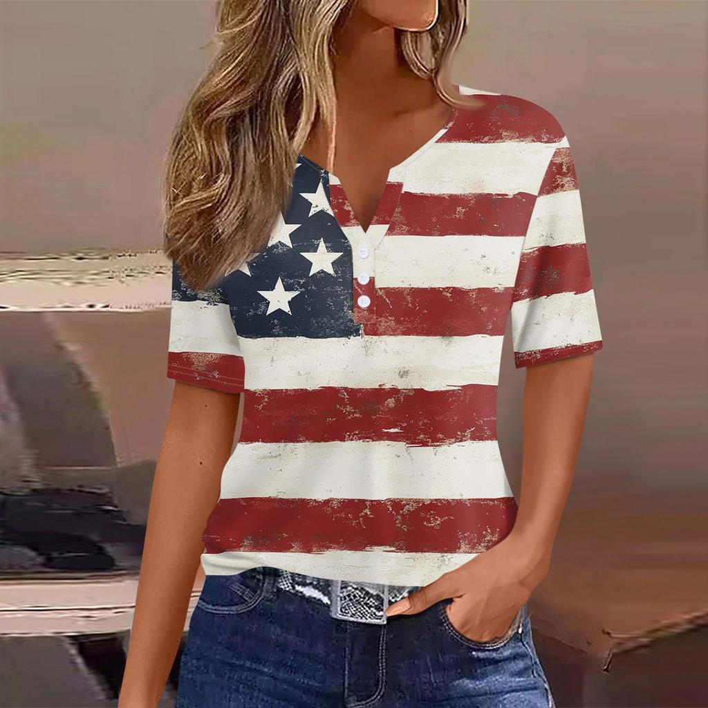 Women's T Shirt Tee Independence Day Print Button Short Sleeve Daily Weekend Fashion Basic V-Neck Regular Top