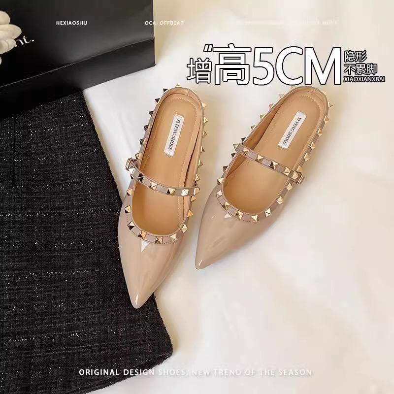 Cowhide version~ inner height increase pointed rivets single shoes spring and autumn leather one word with sandals women's half slippers