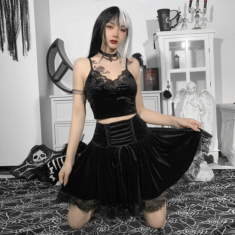 Gothic Vintage Black Lace Up Skirt Girl Croset Velvet Party Mini Skirts Streetwear