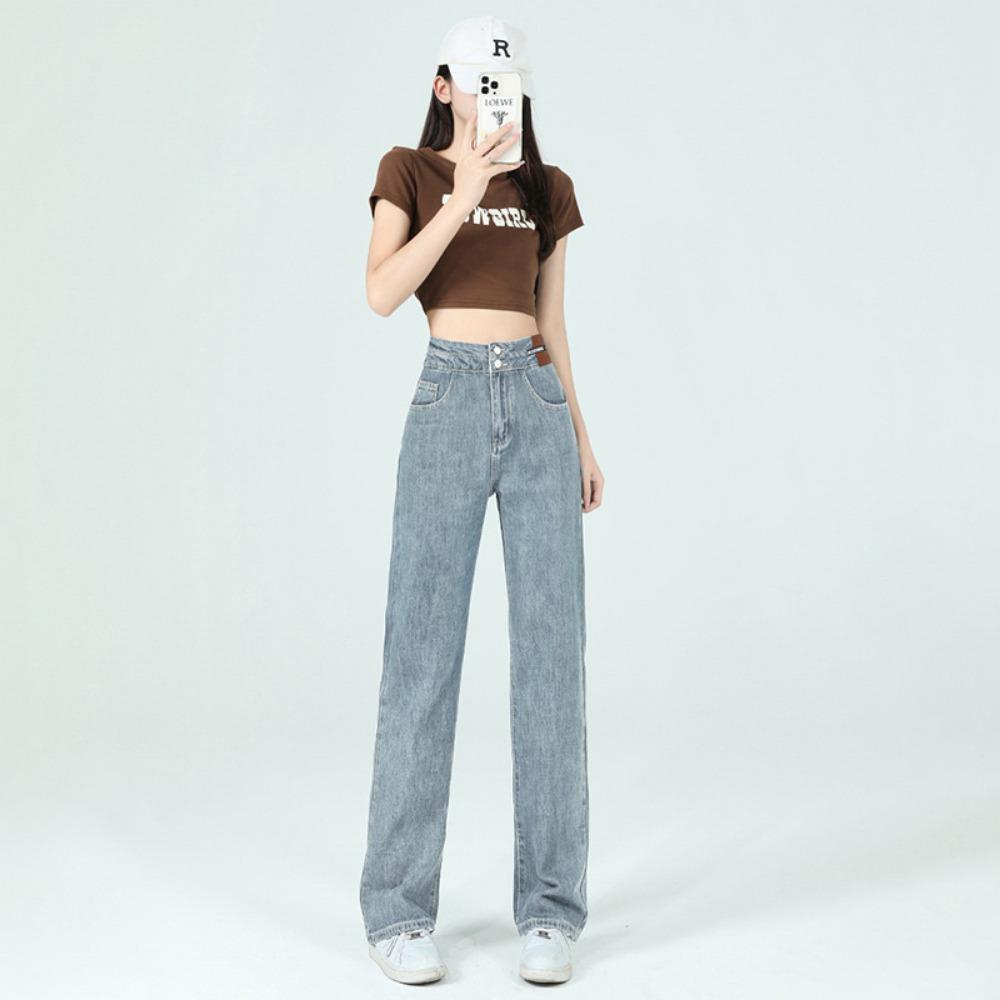 

Commuter simple double-button wide-leg jeans women s spring and summer versatile loose drape straight floor mopping jeans 2XL светло-синий