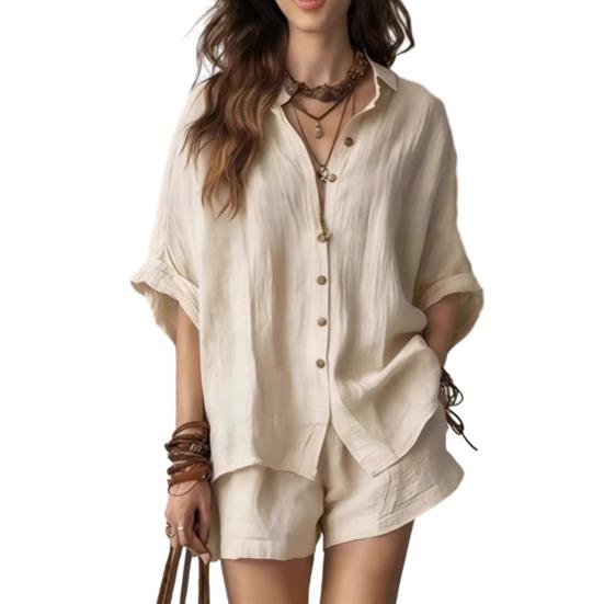 Women Summer Two Piece Outfit Casual Short Sleeve Button Down Shirt And Shorts Casual Lounge Sets with Pockets