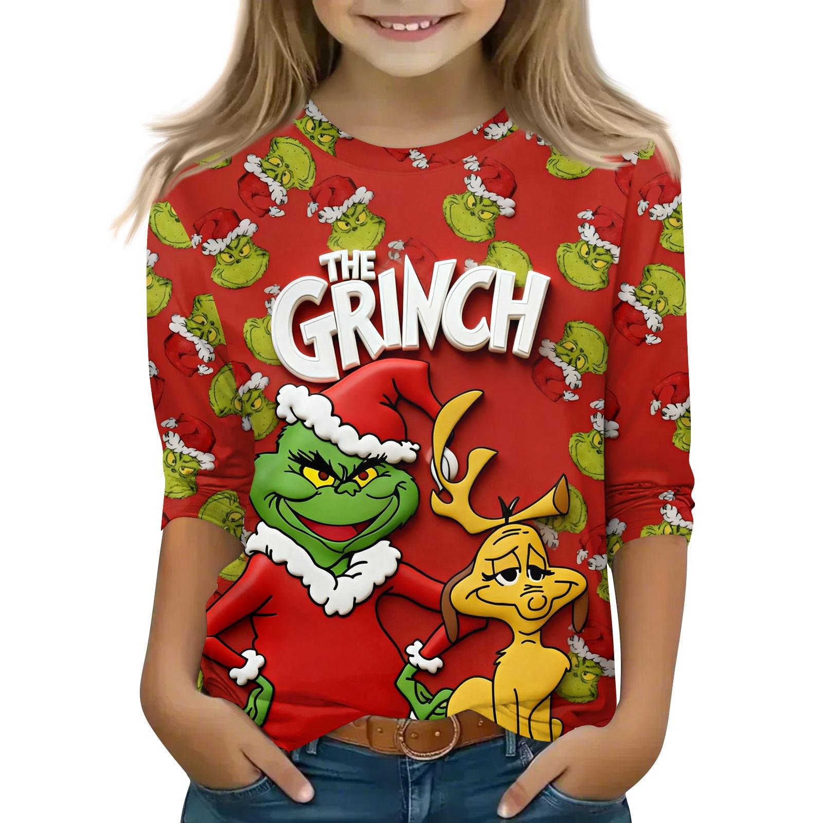 

Рождественские детские топы с рукавом 3/4, повседневная футболка с принтом, на каждый день, пуловер с круглым вырезом, блузка 110 винный