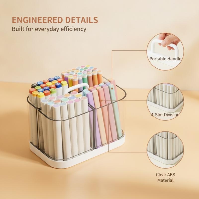 Portable Caddy With Handle, Stackable Pen Holder With 4 Compartments, Clear Pencil Organizer For Art Supplies, Crafts