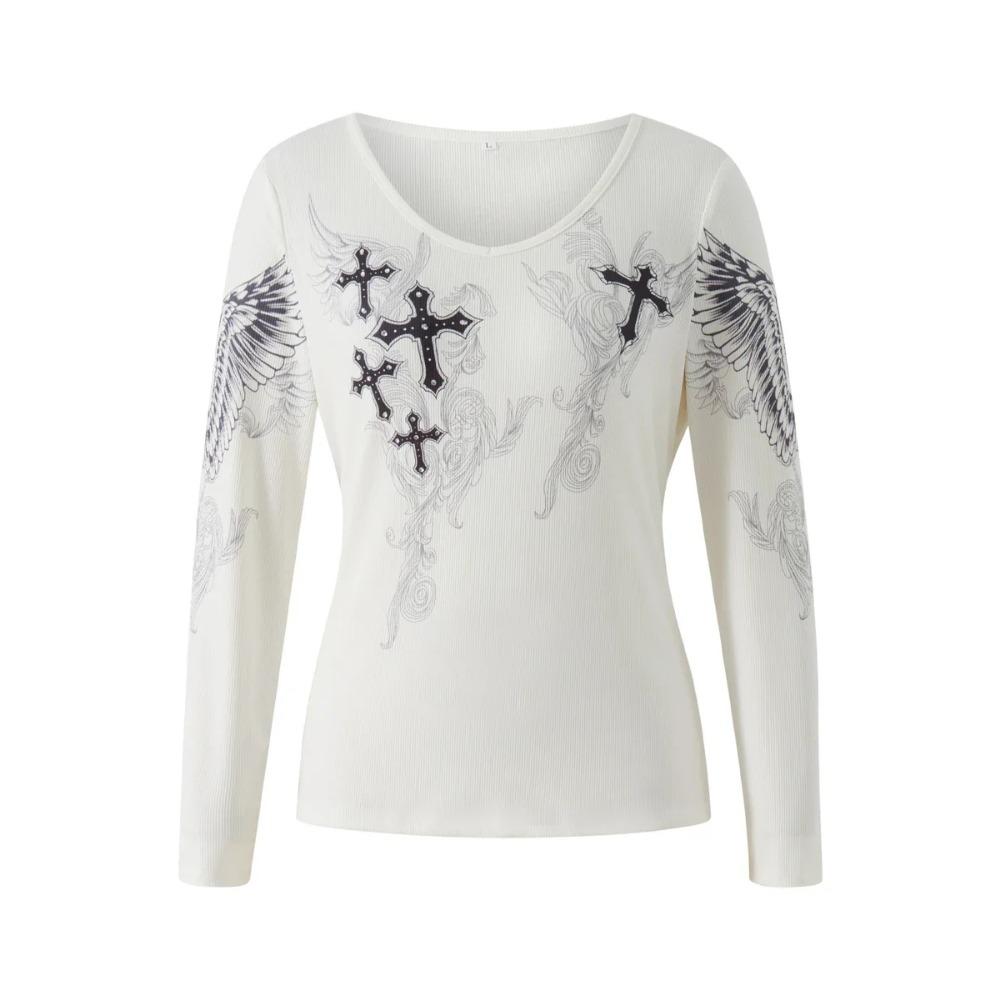 Y2k Graphic Cross Wings Print Long Sleeve Women Grunge Fairy T-shirt Harajuku Tee 2000s Aesthetic Punk Style Clothes Streetwear